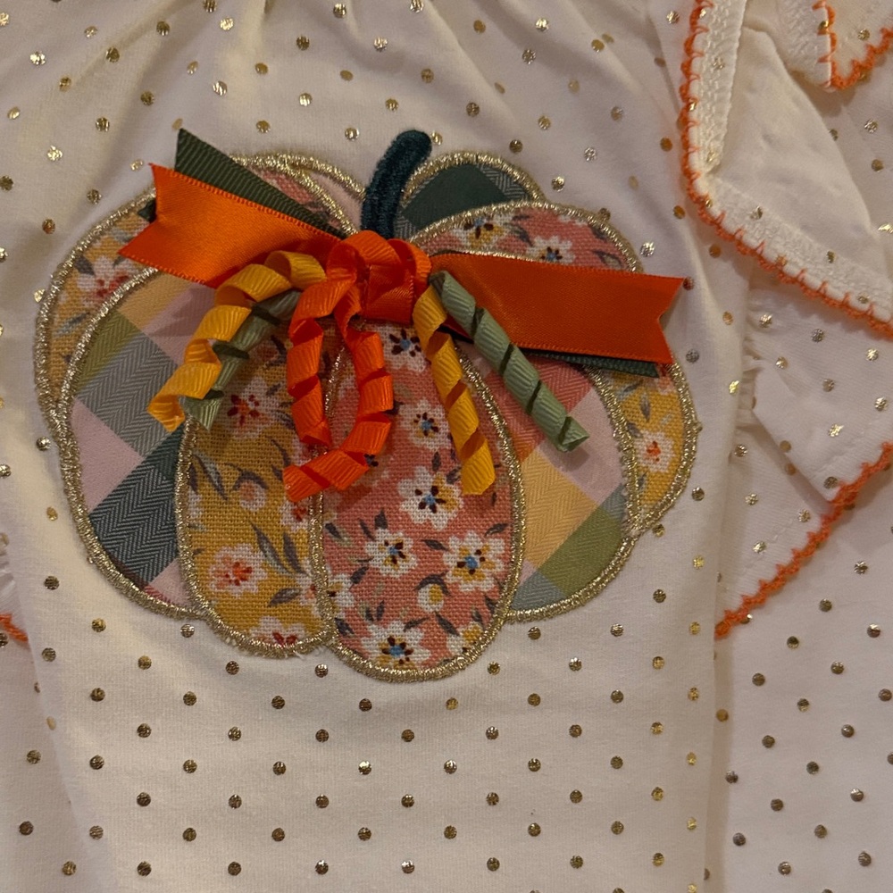 NWT!Bonnie Baby Cream and Gold Polka Dot Outfit with pumpkin in the center - Picture 4 of 7